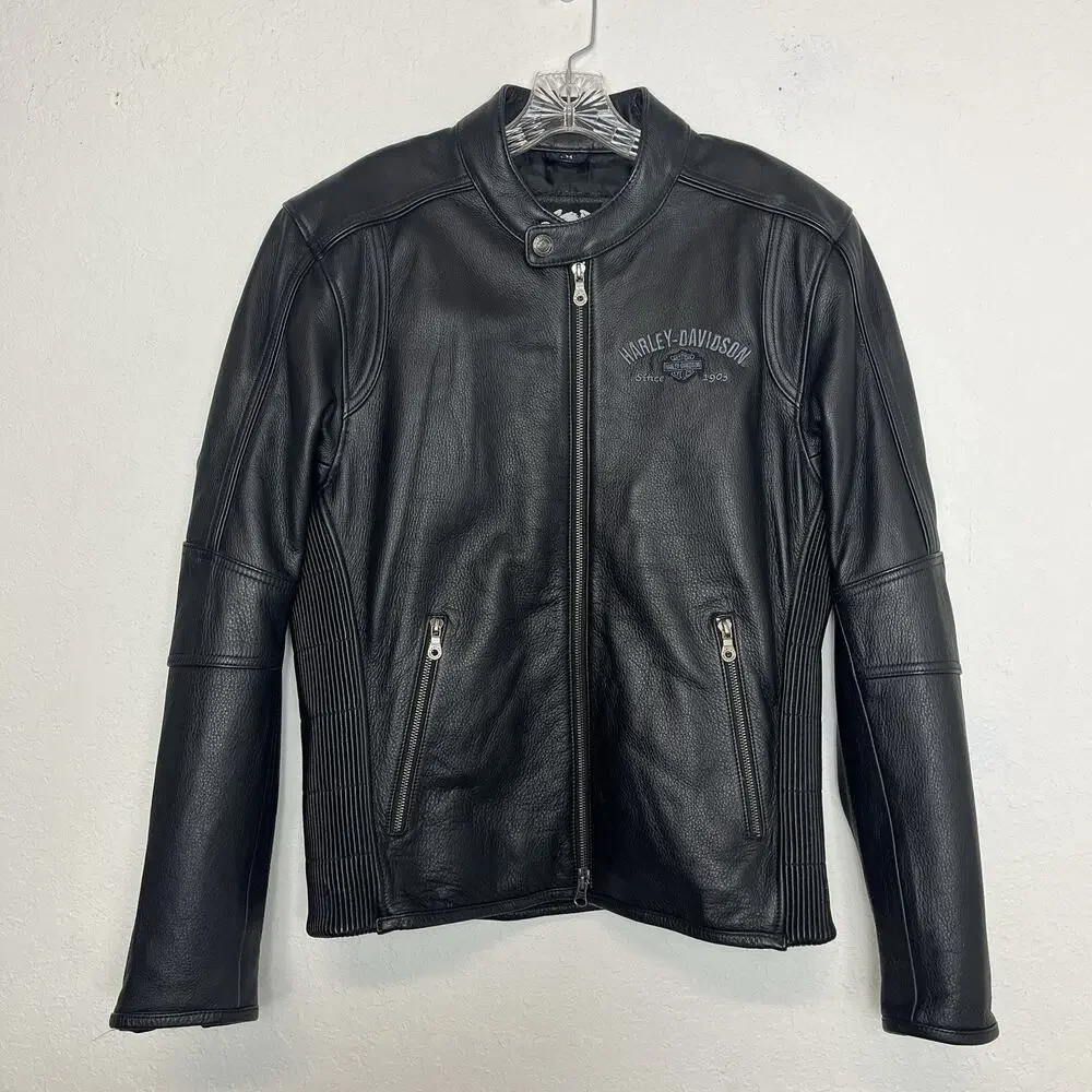 Harley Davidson Men's black leather jacket Embroidered logo front & back Size M